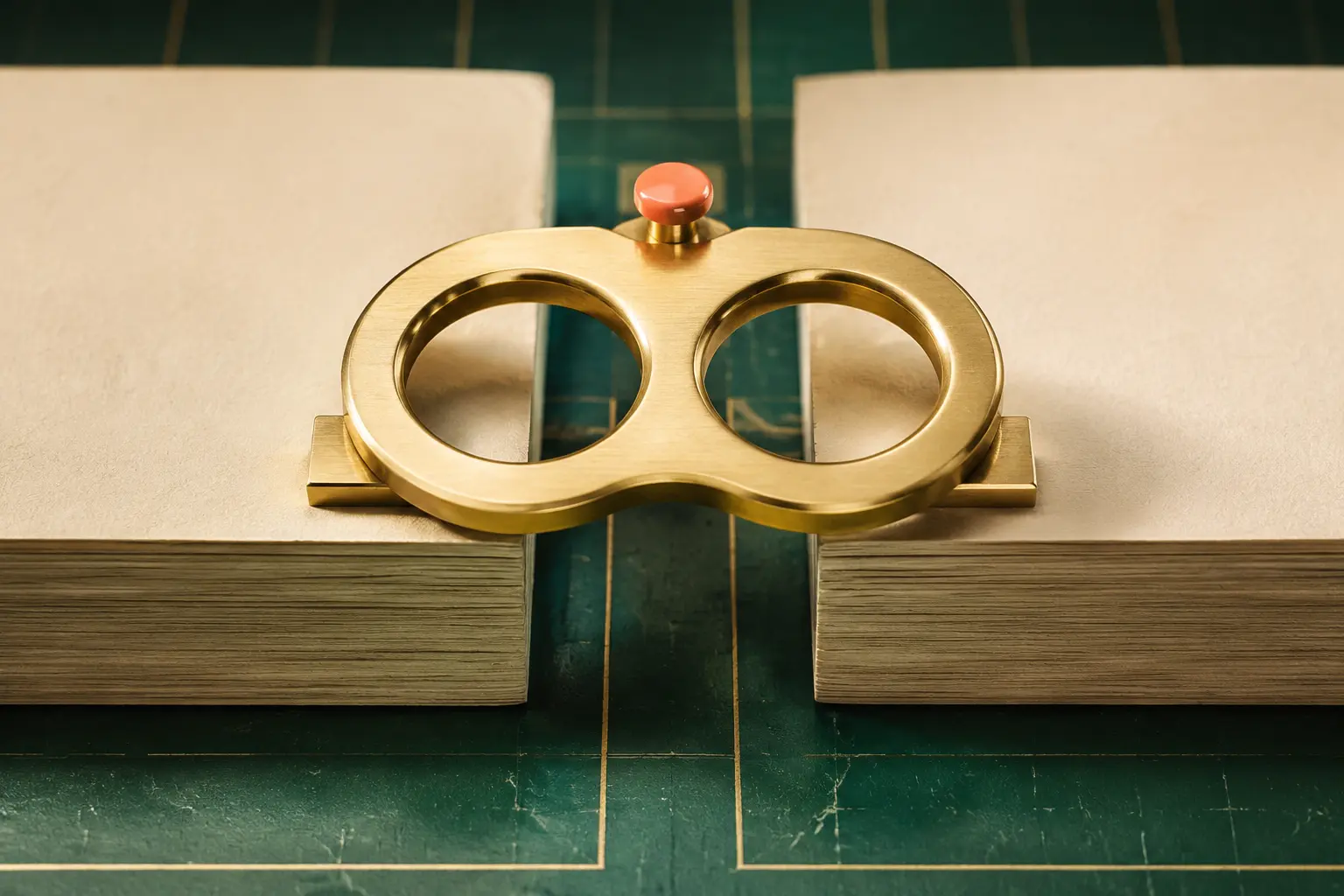A brass twin-aperture gauge spanning a measured gap between two paper ledgers