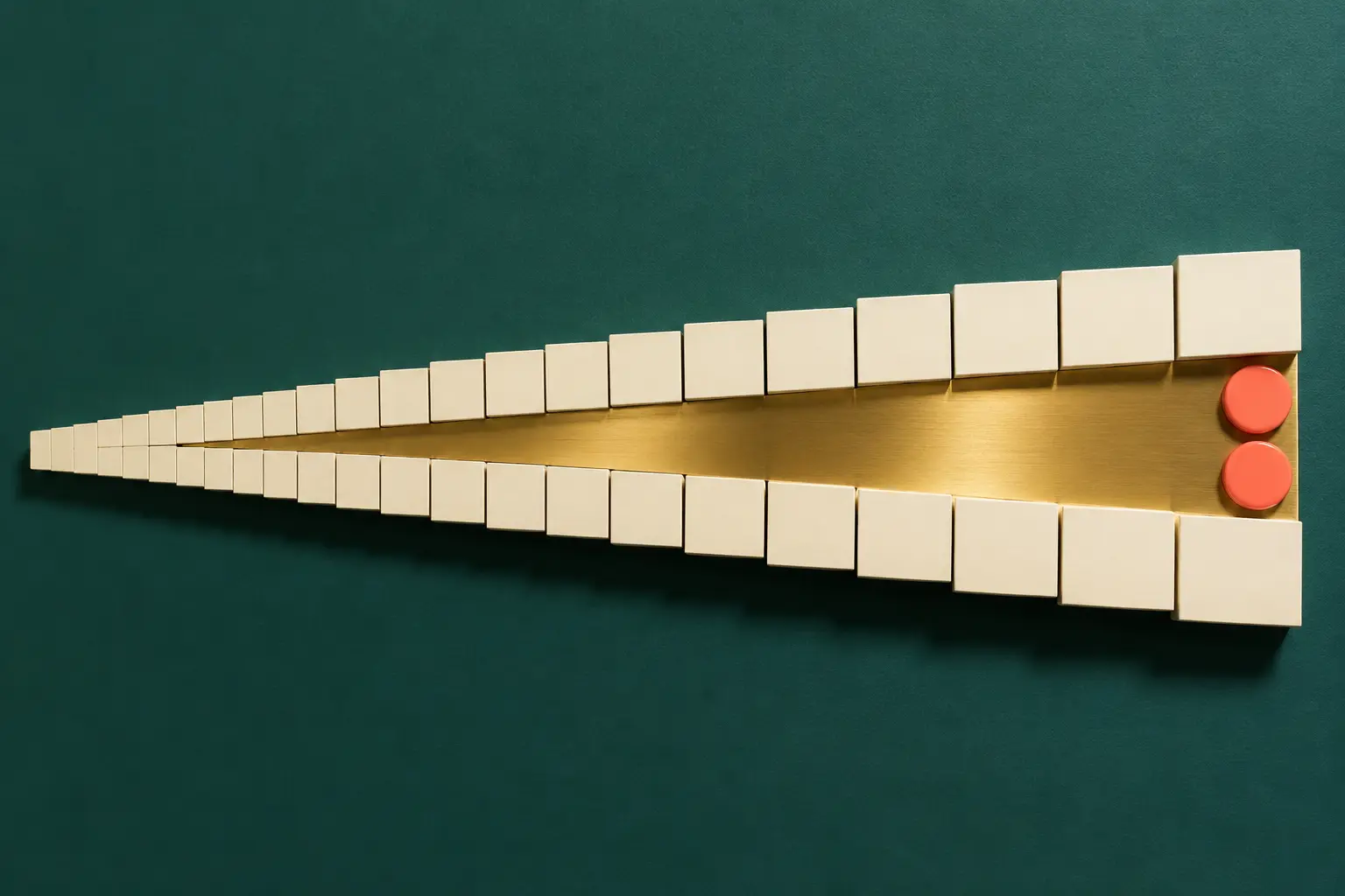 Cream blocks framing a widening brass wedge, marked by two coral gauge dots